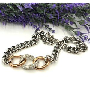 Necklace Chain links silver tone with 2 rose gold loops Swarovski loop in center